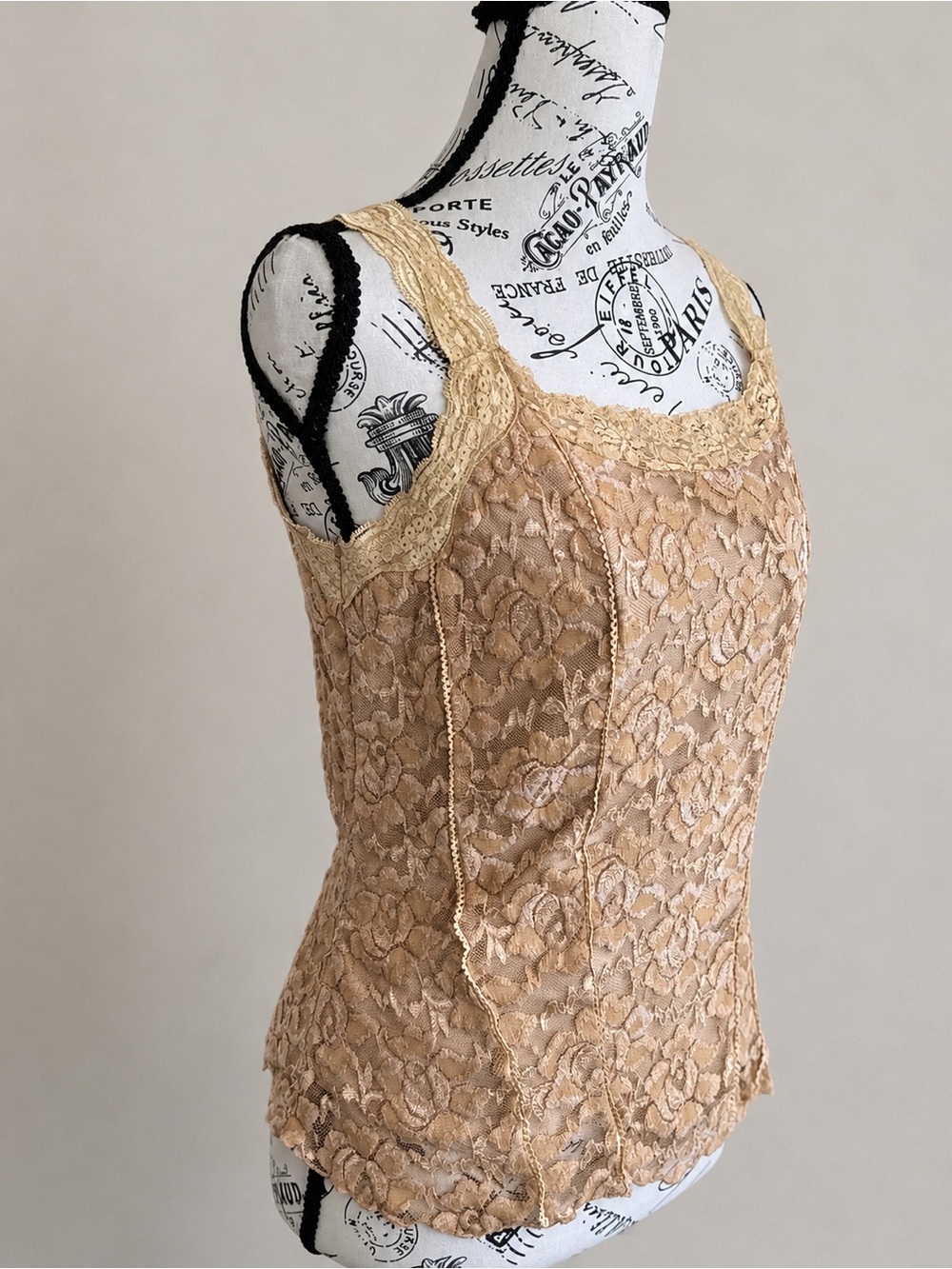 Y2K Lipstick Floral Lace Cami Tank Top L Nude Beige Sheer Coquette Fairy Grunge